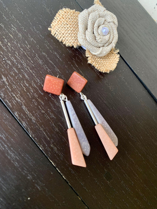 Long modern dangle earrings Geometric drops Tagua nut jewelry Brown peach and gray earrings Christmas gifts Anniversary present for wife