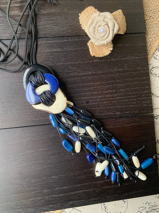 White blue and black statement necklace Boho jewelry Tagua necklace Macrame fringe necklace Spring fashion trend Boho Extra long adjustable