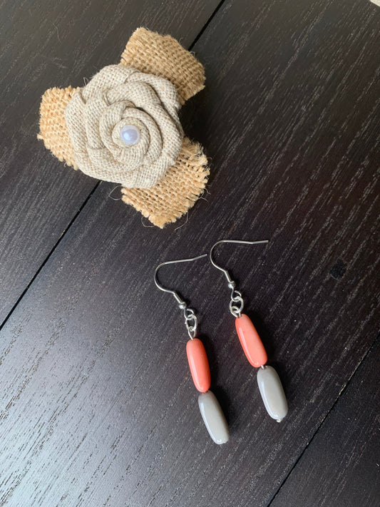 Coral and gray dangle earrings Tagua nut jewelry Geometric jewelry Long drops Beach fashion trends Birthday gifts under 15 Fall fashion