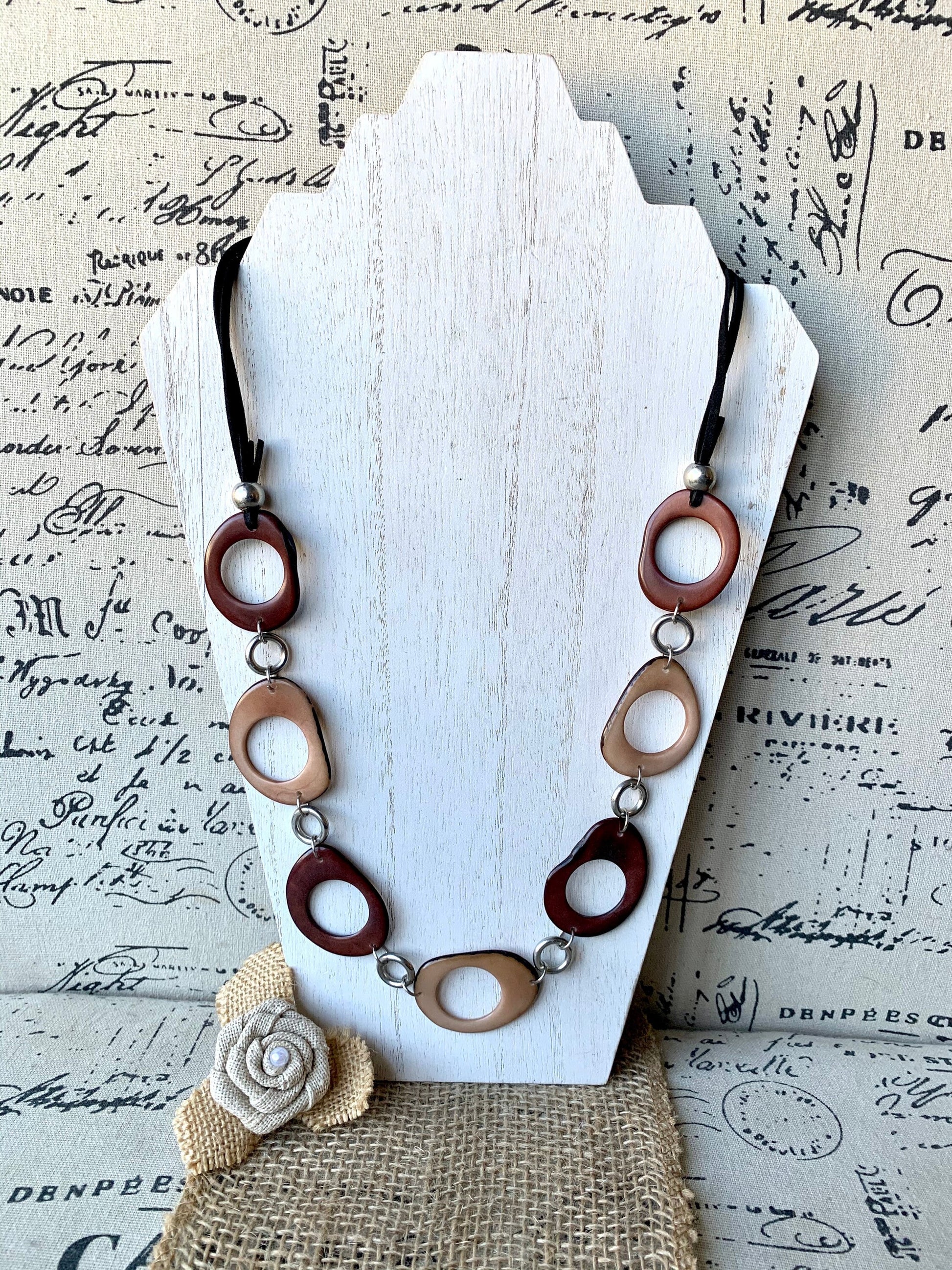 Brown extra long statement necklace Tagua jewelry Spring fashion style Lightweight beaded necklace Mother's day gifts Easter style trends