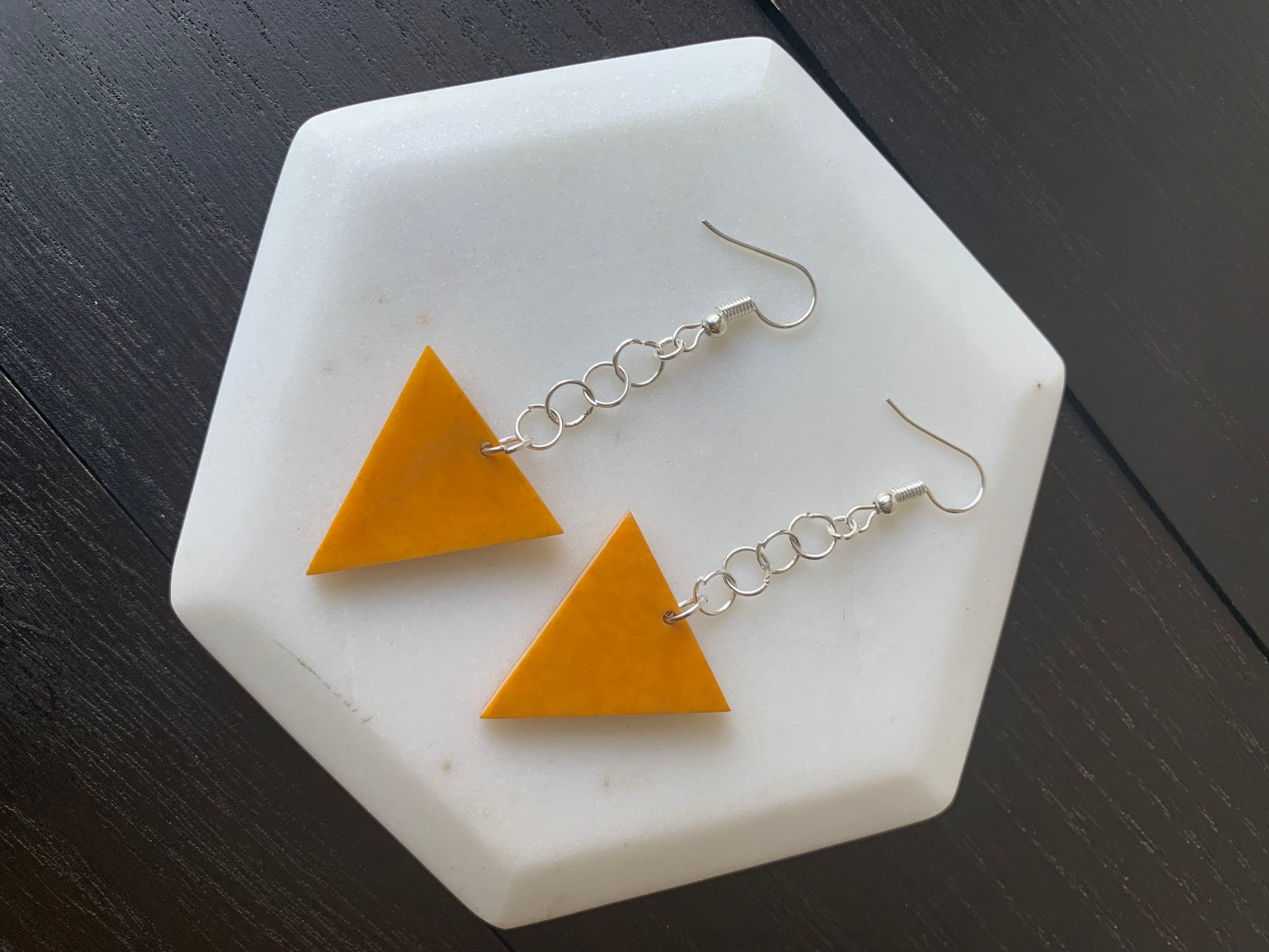 Mustard yellow Tagua earrings Big dangle earrings Fall fashion trend Mod boho drops Extra long earrings Triangle geometric Beach fashion