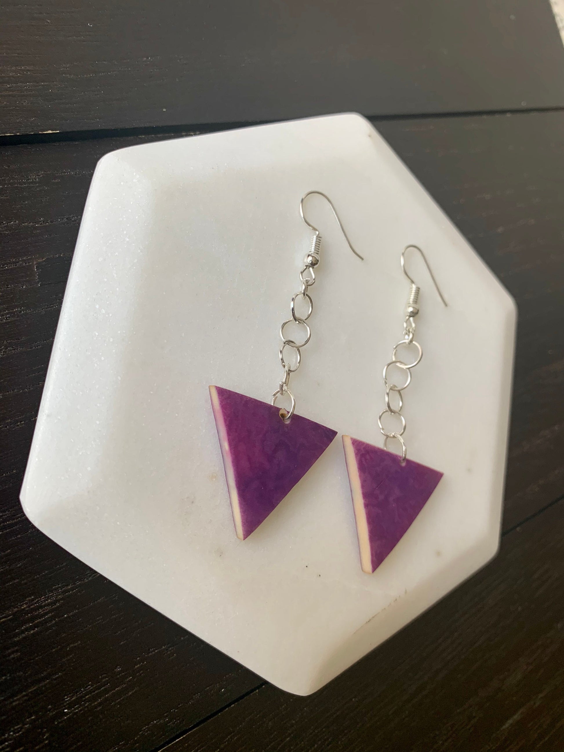 Purple triangle Tagua earrings Big dangle earrings Mod boho drops Extra long earrings Geometric Spring style Gift ideas for her Easter gifts