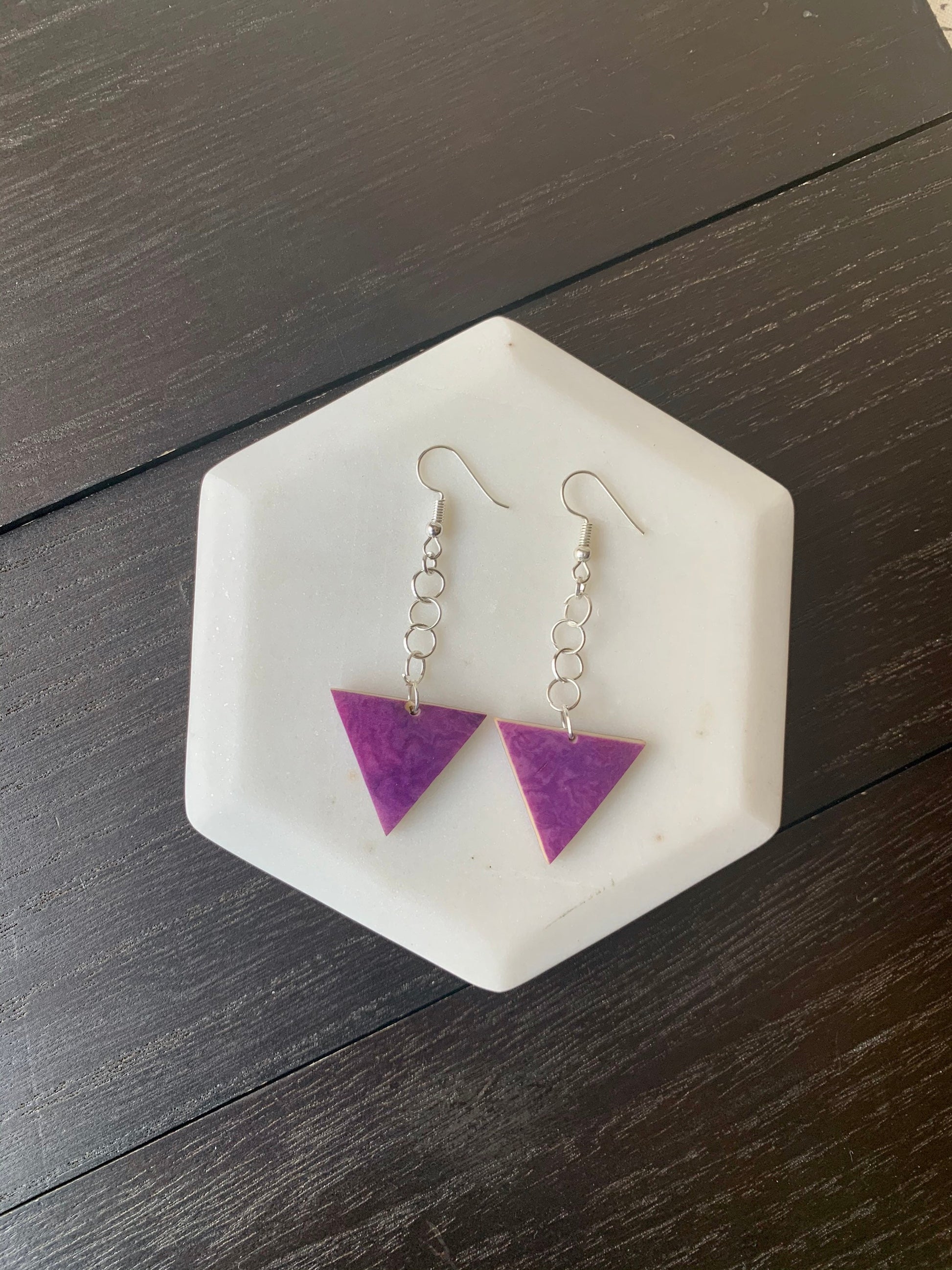 Purple triangle Tagua earrings Big dangle earrings Mod boho drops Extra long earrings Geometric Spring style Gift ideas for her Easter gifts
