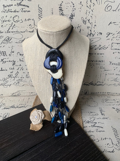 White blue and black statement necklace Boho jewelry Tagua necklace Macrame fringe necklace Spring fashion trend Boho Extra long adjustable