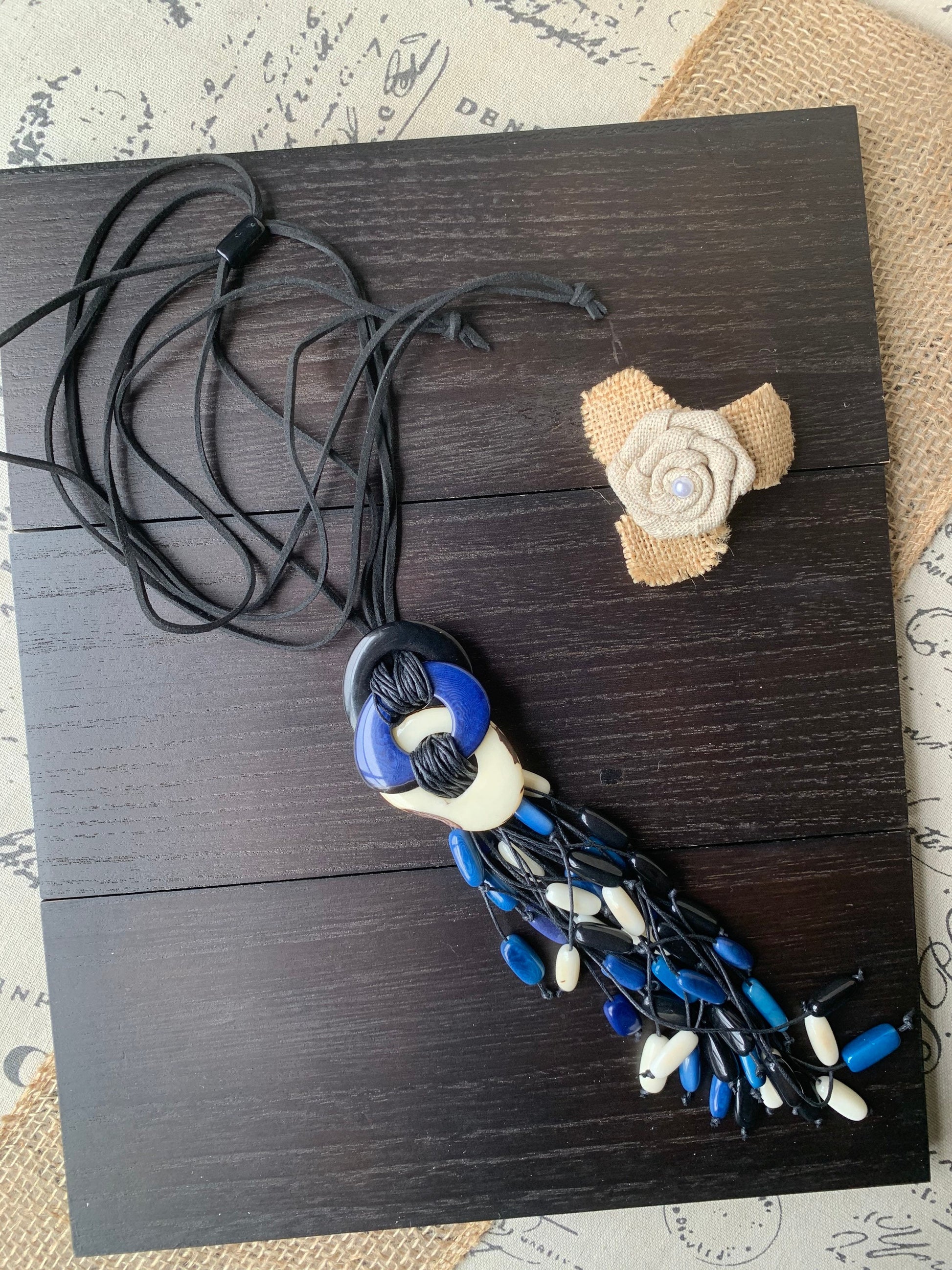 White blue and black statement necklace Boho jewelry Tagua necklace Macrame fringe necklace Spring fashion trend Boho Extra long adjustable