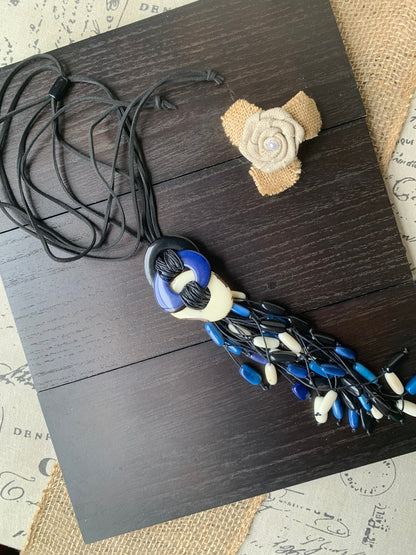White blue and black statement necklace Boho jewelry Tagua necklace Macrame fringe necklace Spring fashion trend Boho Extra long adjustable
