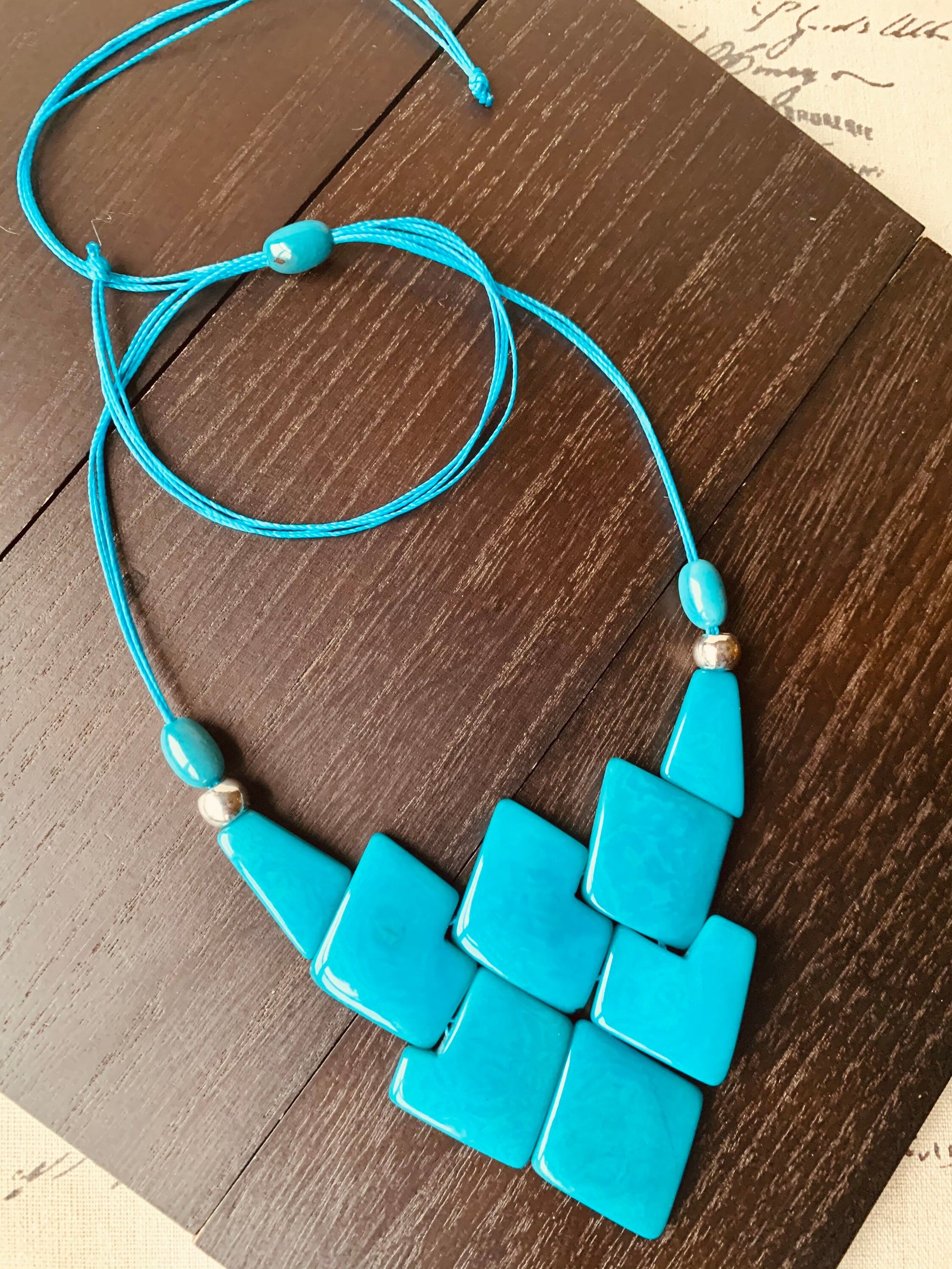 Turquoise blue tagua necklace Fall style trends Geometric necklaces for women Lightweight fashion necklace Anniversary gifts for wife