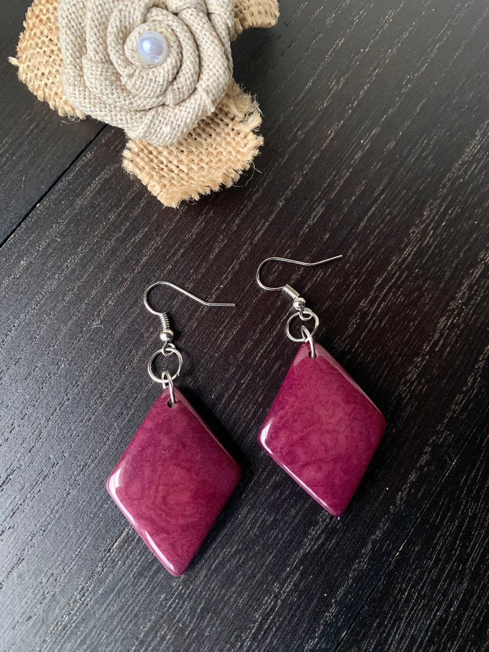 Purple Tagua earrings Geometric drops Lightweight earrings Long beaded dangles Gifts under Mother’s Day gifts under 15 Spring fashion trends