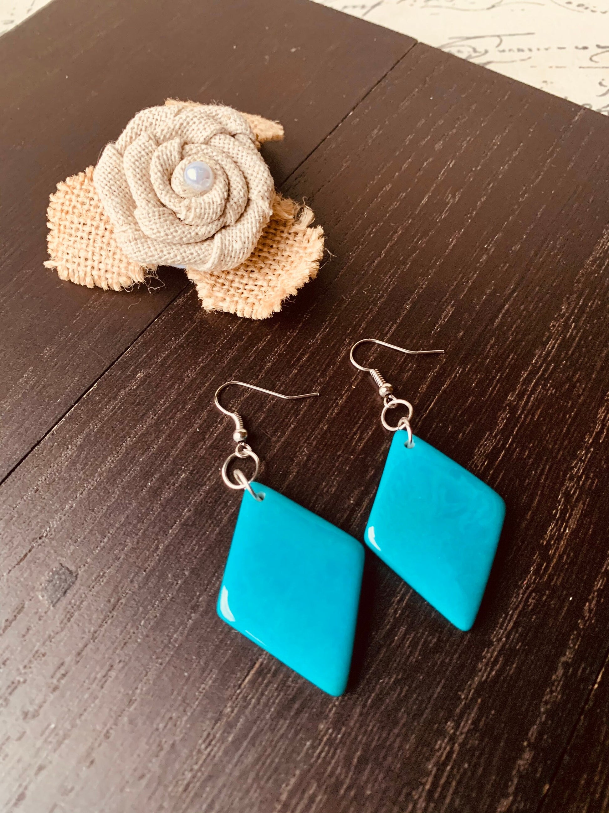 Turquoise blue Tagua earrings Geometric drops Lightweight earrings Long beaded dangles Gifts under 15 Anniversary gift ideas for wife