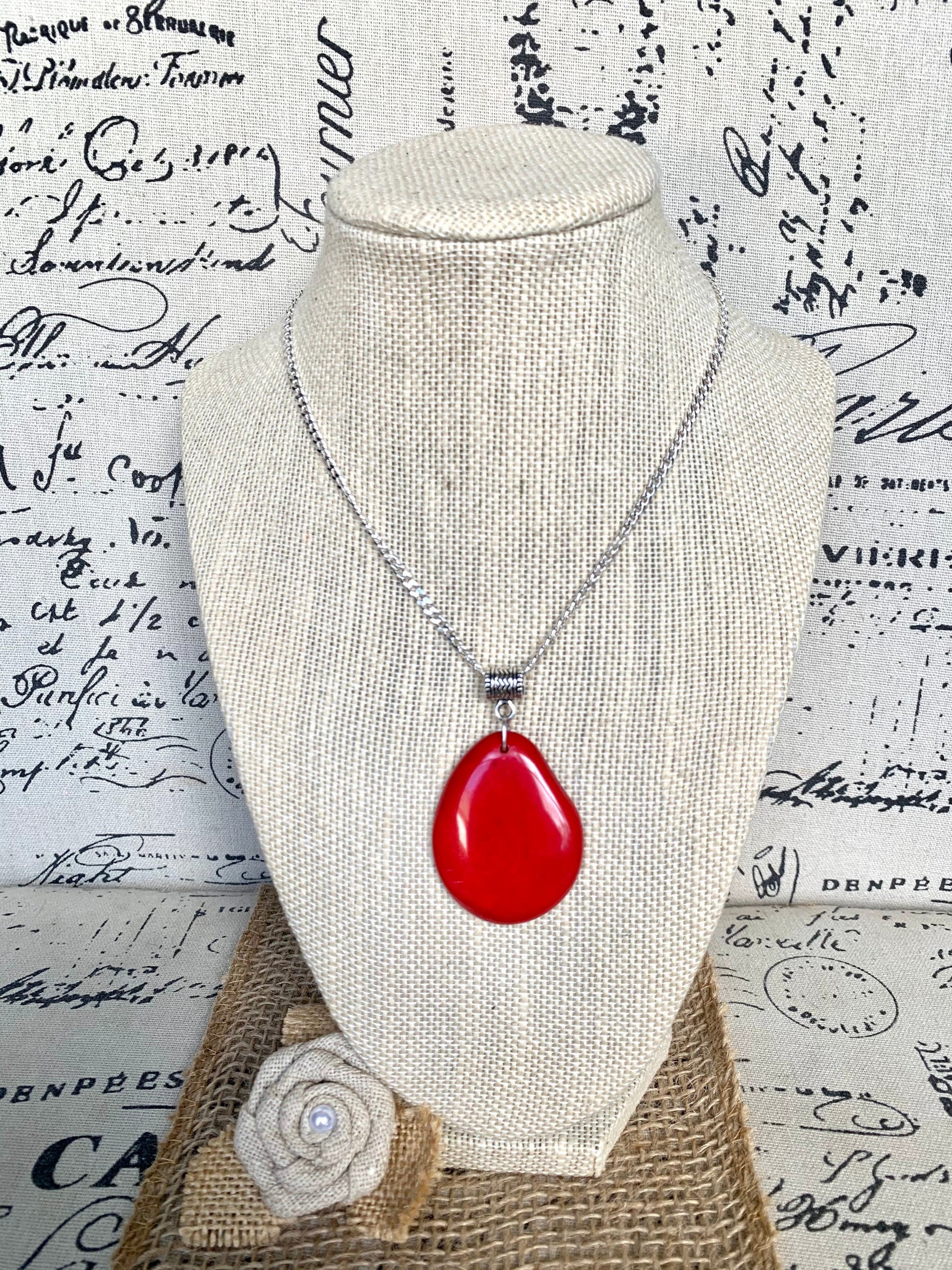 Red Tagua pendant Christmas gifts under 10 Fashion jewelry Handmade beaded pendant NO chain Spring fashion trends Beach trendy style