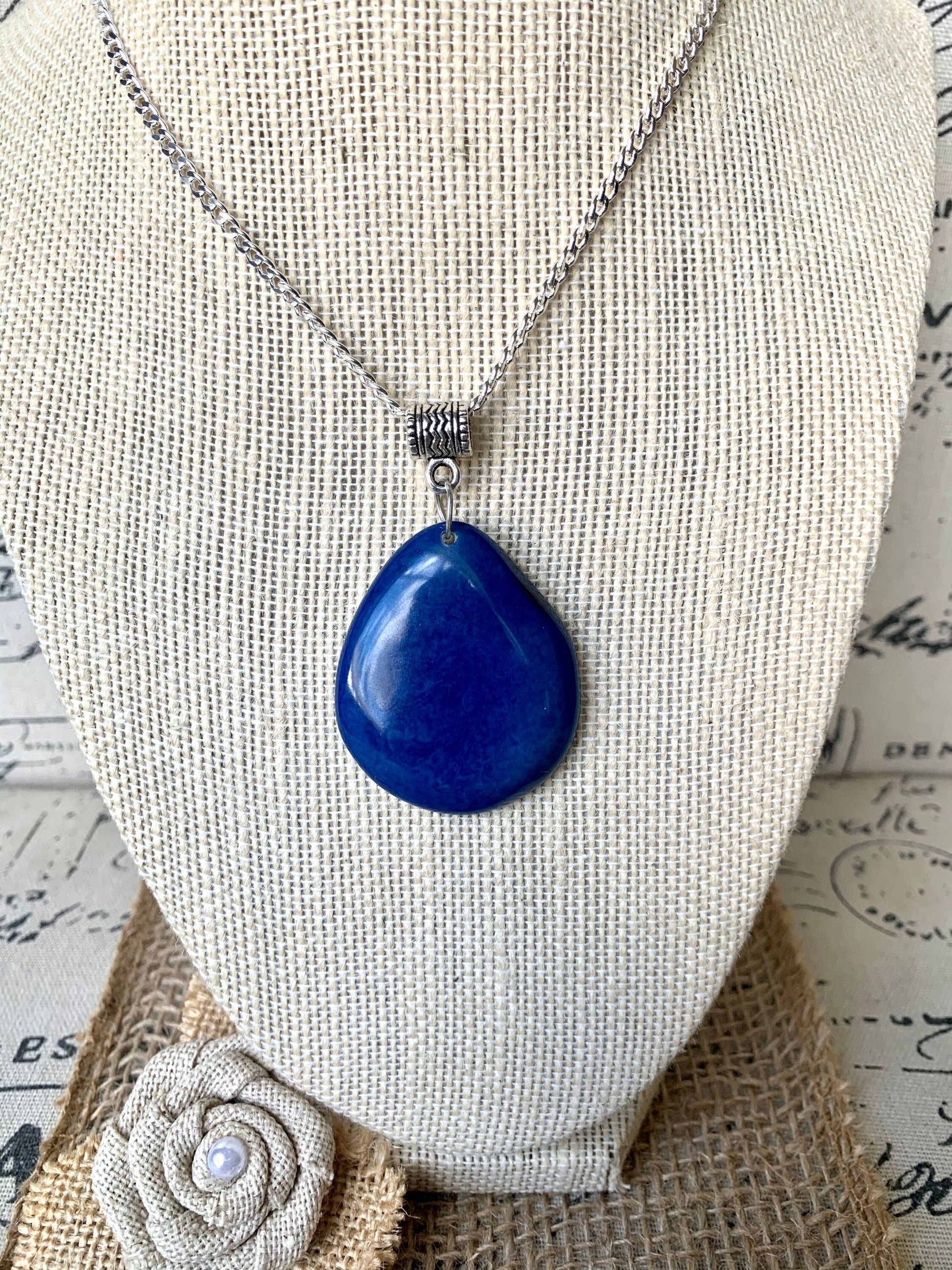 Royal blue Tagua pendant Fashion jewelry Easter basket gift ideas Handmade beaded pendant NO chain Artisan handmade in Ecuador For Spring