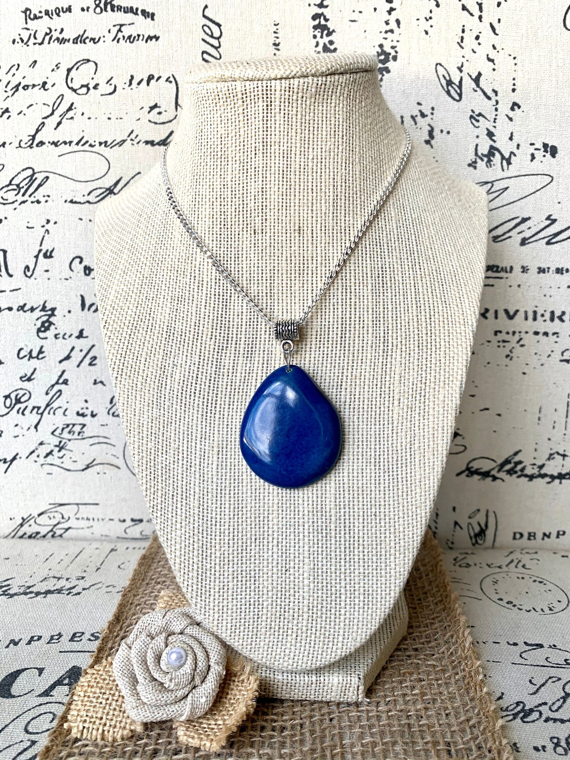 Royal blue Tagua pendant Fashion jewelry Easter basket gift ideas Handmade beaded pendant NO chain Artisan handmade in Ecuador For Spring