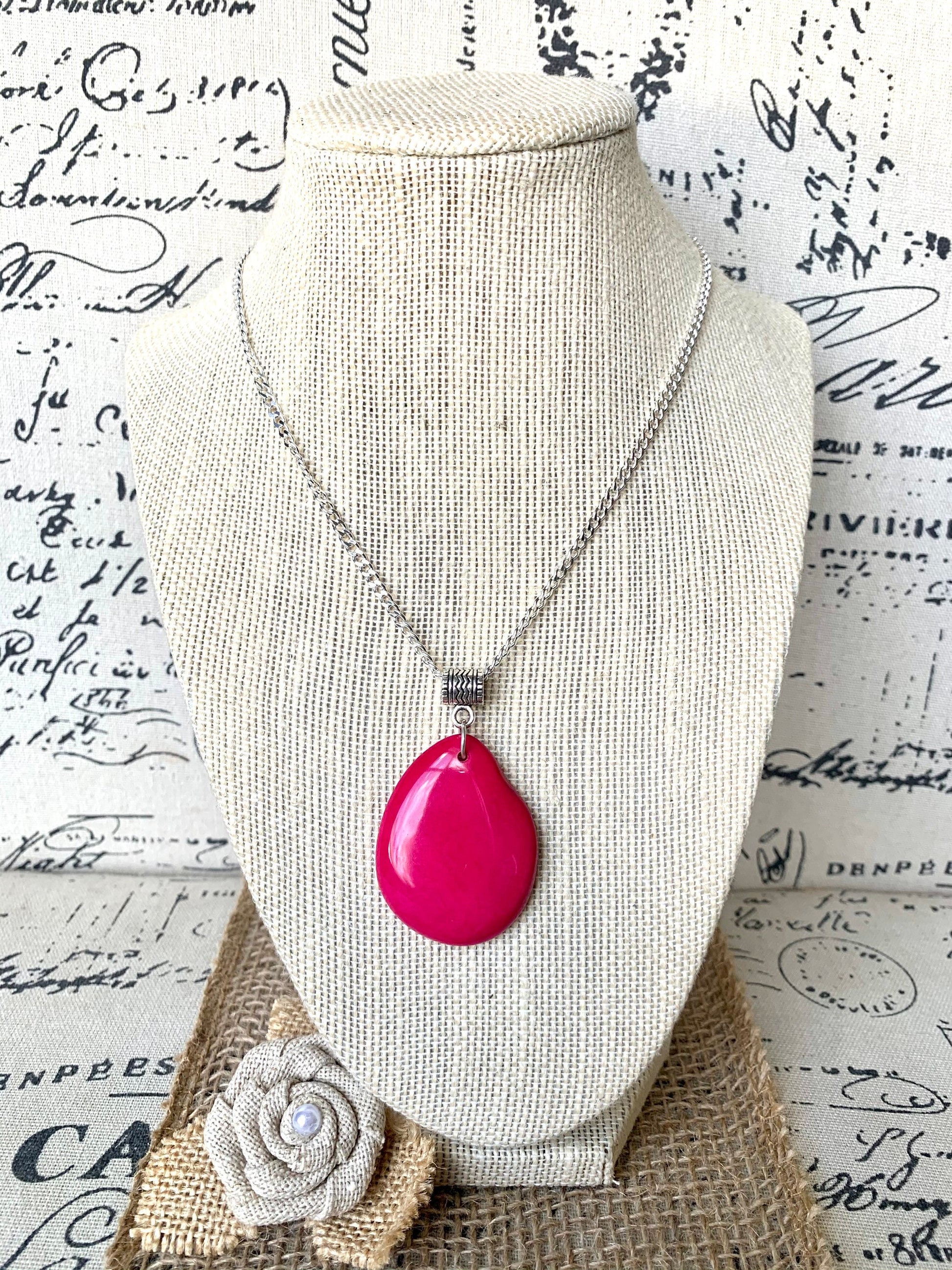 Hot Pink Tagua pendant Mother's day gifts under 10 Fashion jewelry Handmade beaded pendant NO chain Artisan handmade in Ecuador Spring style