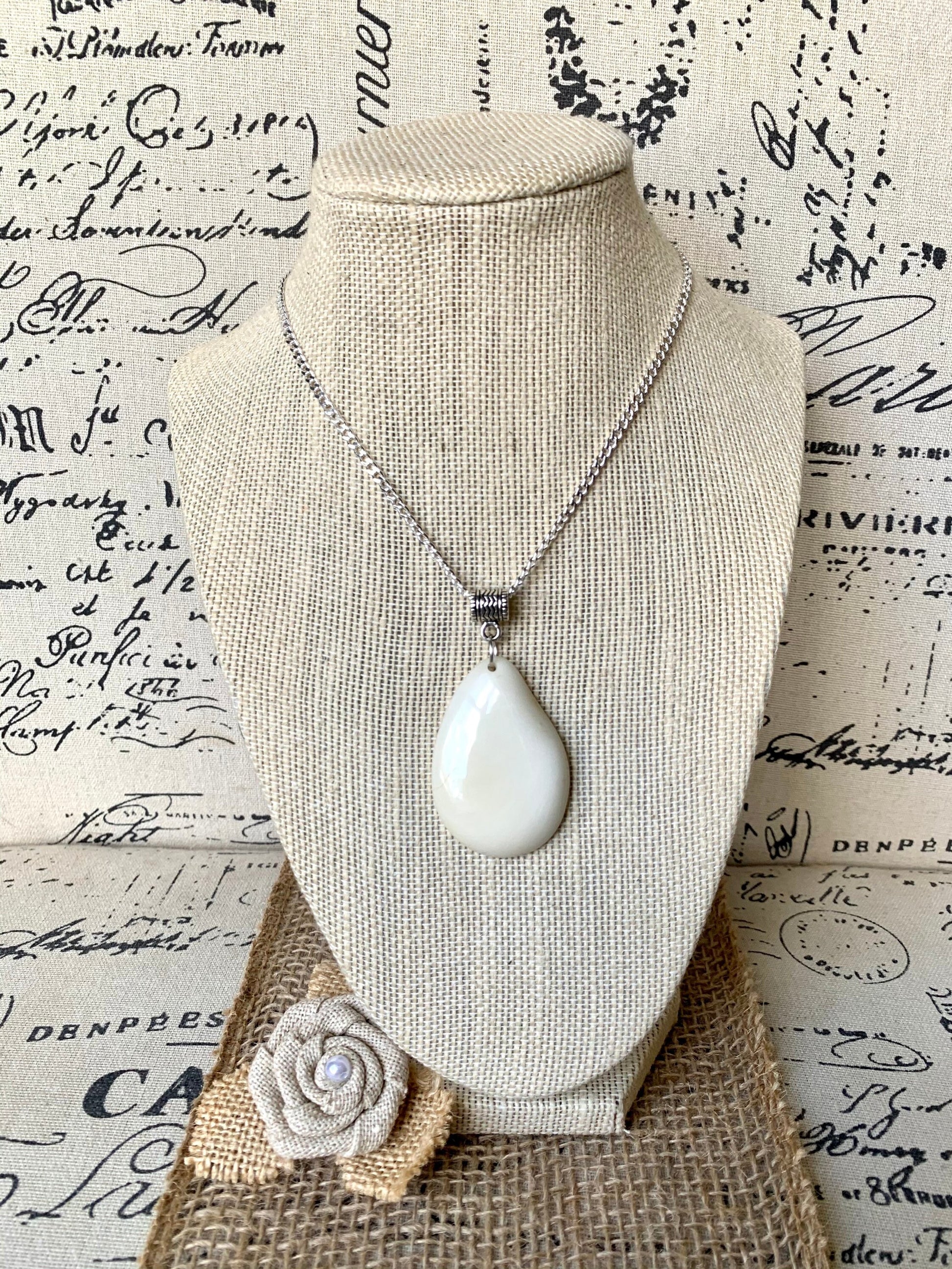 White Tagua pendant Mother’s Day gifts under 10 Fashion jewelry Beaded pendant NO chain 14 year Ivory wedding anniversary gift for wife