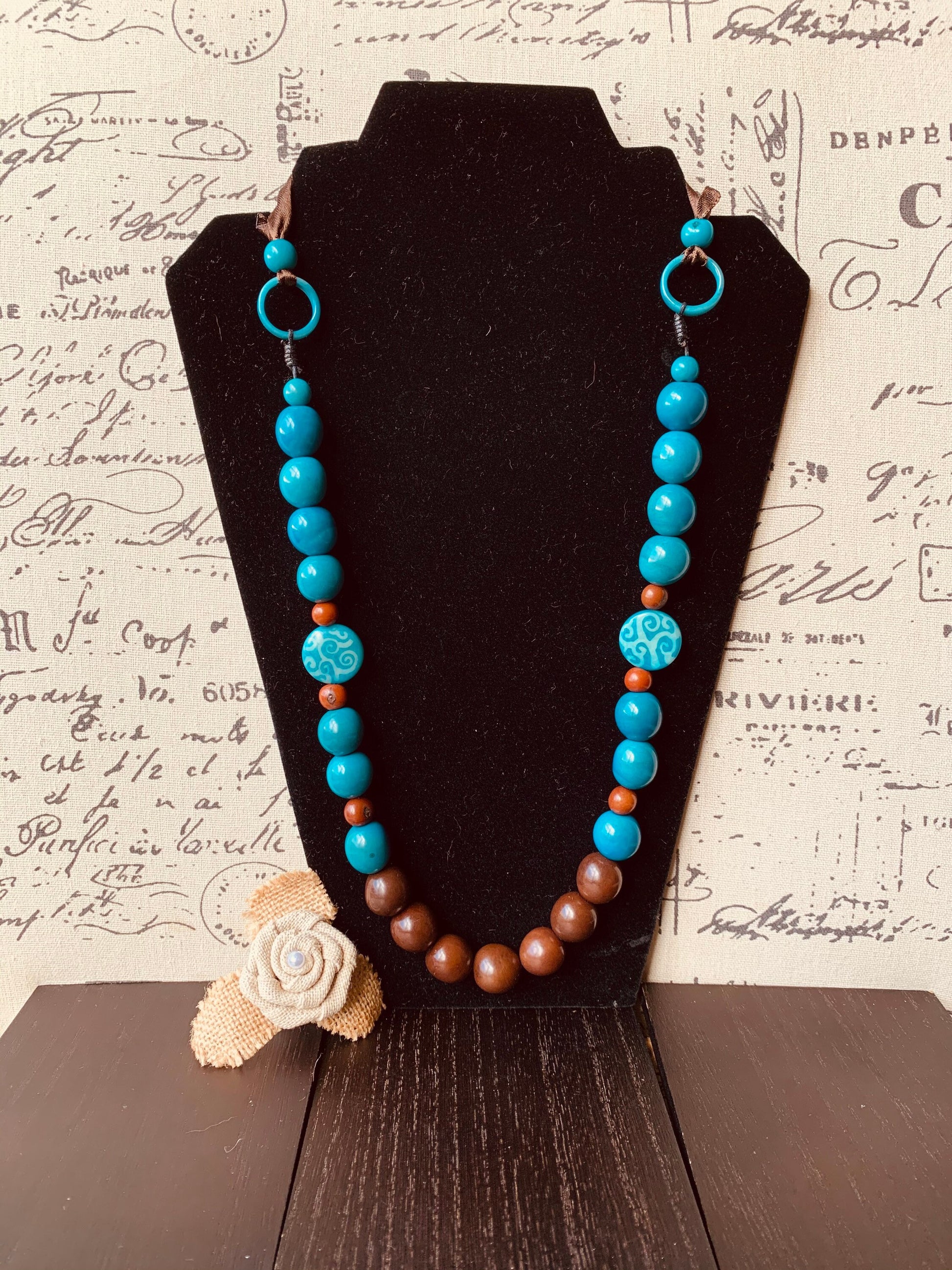 Turquoise blue and brown statement necklace with bubblegum beads Tagua necklace Big bold chunky necklace Spring fashion trends Mother's day