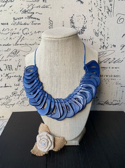 Royal blue Tagua necklace with adjustable cord Christmas gift ideas Chunky link necklace Beach trendy fashion Big bold statement bib