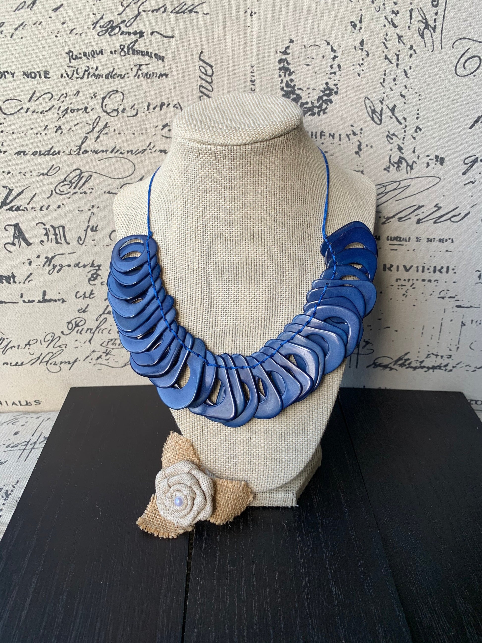 Royal blue Tagua necklace with adjustable cord Christmas gift ideas Chunky link necklace Beach trendy fashion Big bold statement bib