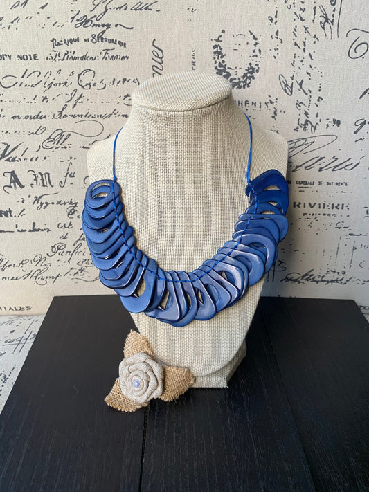 Royal blue Tagua necklace with adjustable cord Christmas gift ideas Chunky link necklace Beach trendy fashion Big bold statement bib