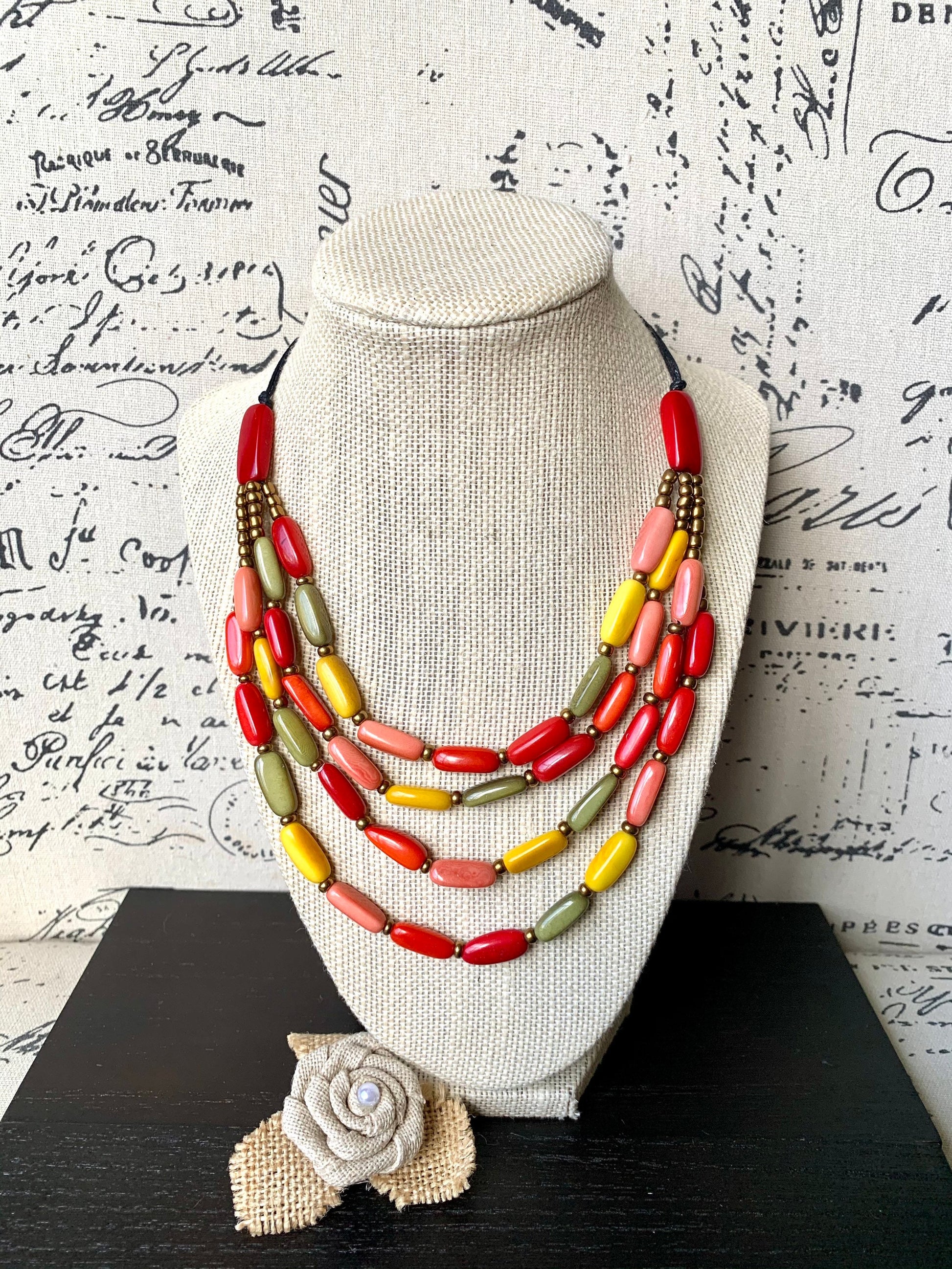 Multicolored adjustable necklace Mother's day gifts Tagua nut necklace 4 Layer necklace with golden accents Statement beaded collar