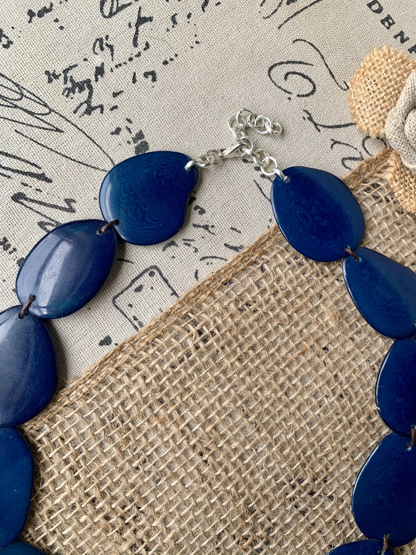 Navy blue beaded necklace Tagua nut jewelry Big bold chunky necklaces Huge statement bib necklace Beach style Winter fashion Gift ideas