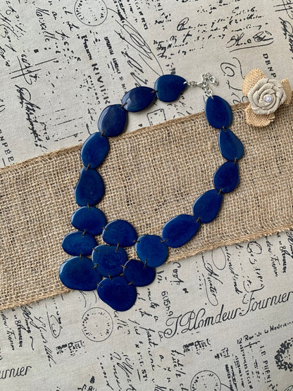 Navy blue beaded necklace Tagua nut jewelry Big bold chunky necklaces Huge statement bib necklace Beach style Winter fashion Gift ideas