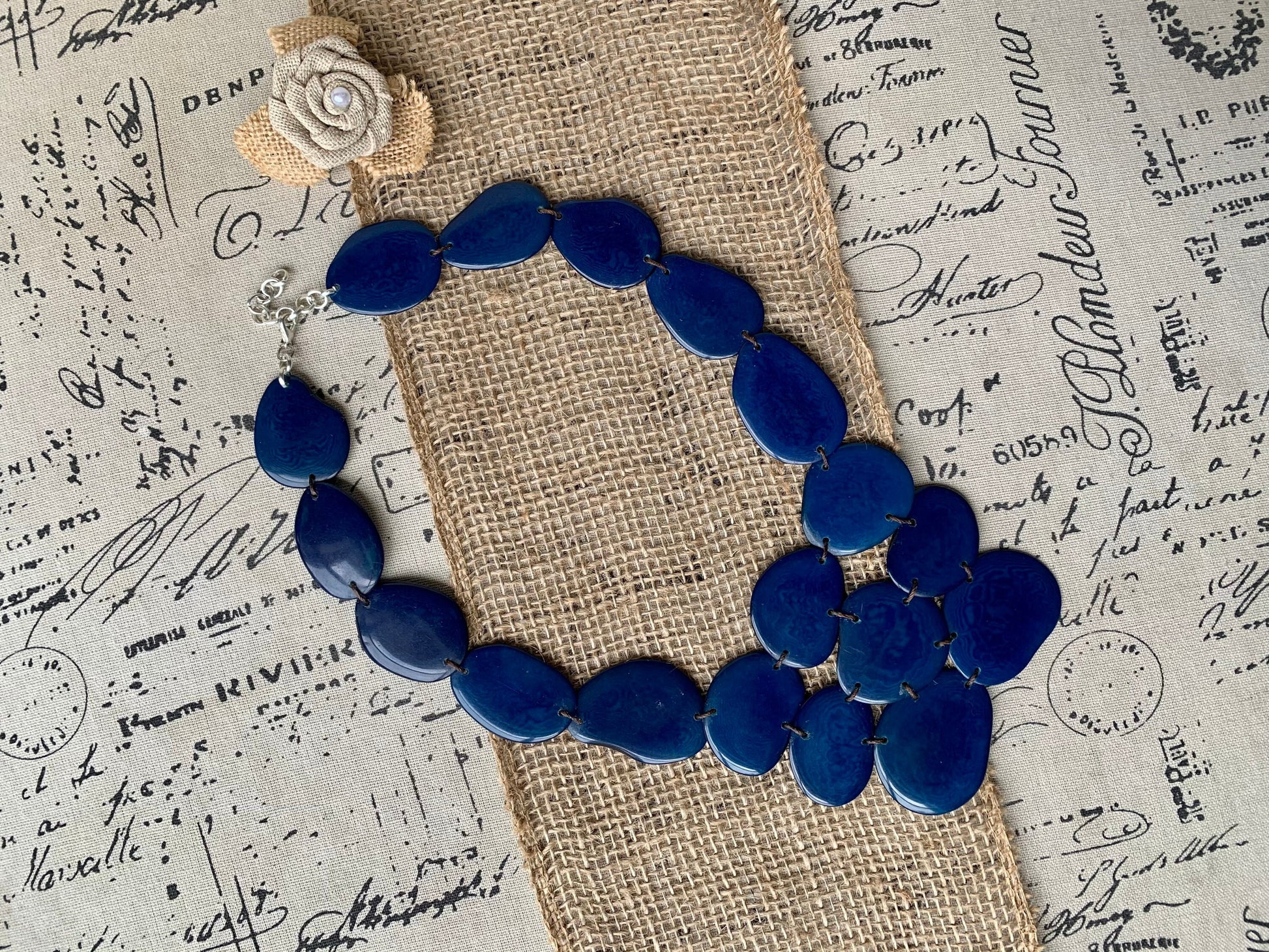 Navy blue beaded necklace Tagua nut jewelry Big bold chunky necklaces Huge statement bib necklace Beach style Winter fashion Gift ideas
