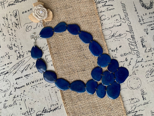 Navy blue beaded necklace Tagua nut jewelry Big bold chunky necklaces Huge statement bib necklace Beach style Winter fashion Gift ideas