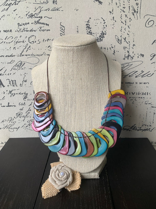 Rainbow Tagua necklace with adjustable cord Mother’s Day gifts for mom Chunky beaded necklace Sunmer trendy fashion Big bold statement bib