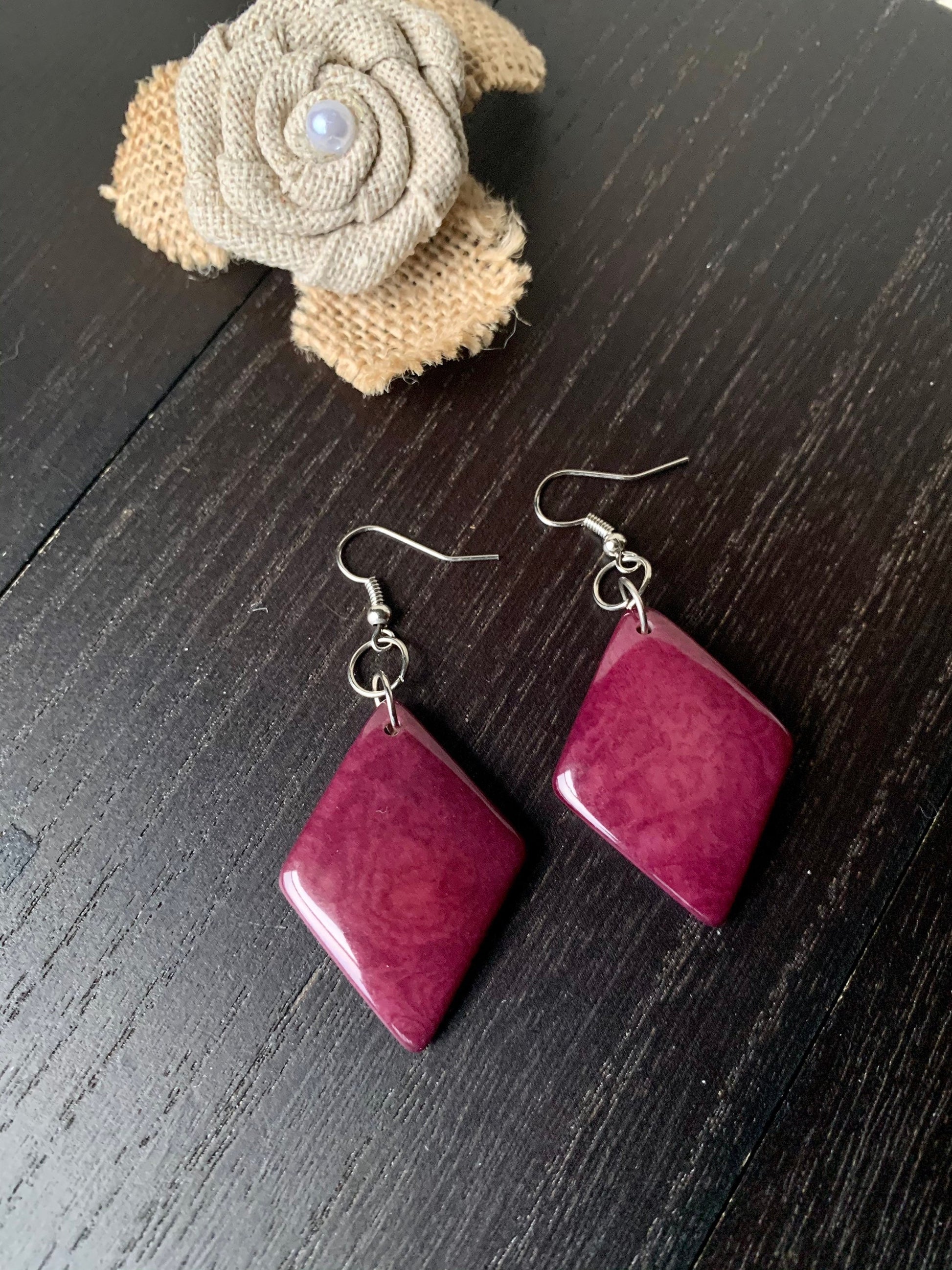 Purple Tagua earrings Geometric drops Lightweight earrings Long beaded dangles Gifts under Mother’s Day gifts under 15 Spring fashion trends