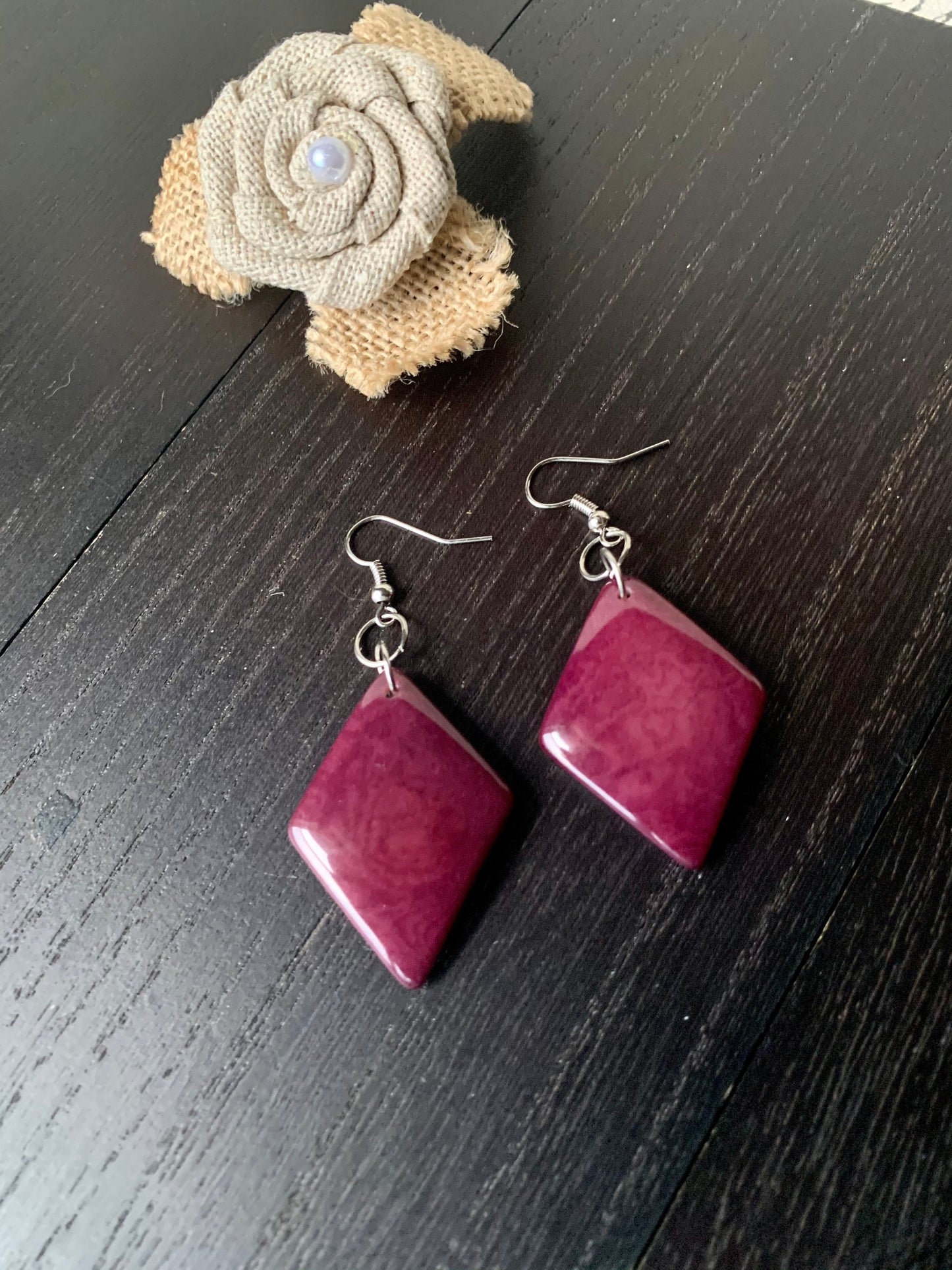 Purple Tagua earrings Geometric drops Lightweight earrings Long beaded dangles Gifts under Mother’s Day gifts under 15 Spring fashion trends