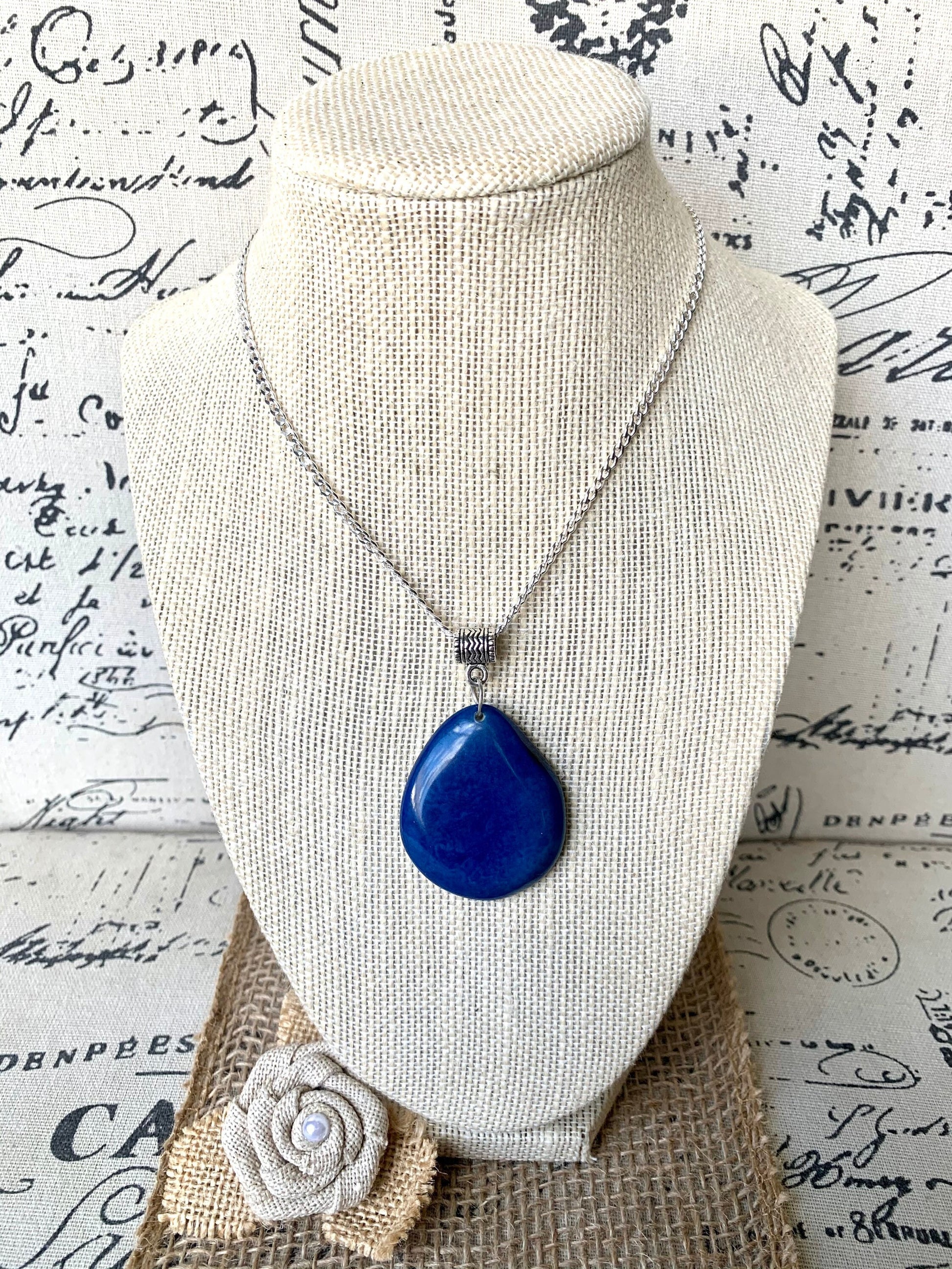 Royal blue Tagua pendant Fashion jewelry Easter basket gift ideas Handmade beaded pendant NO chain Artisan handmade in Ecuador For Spring