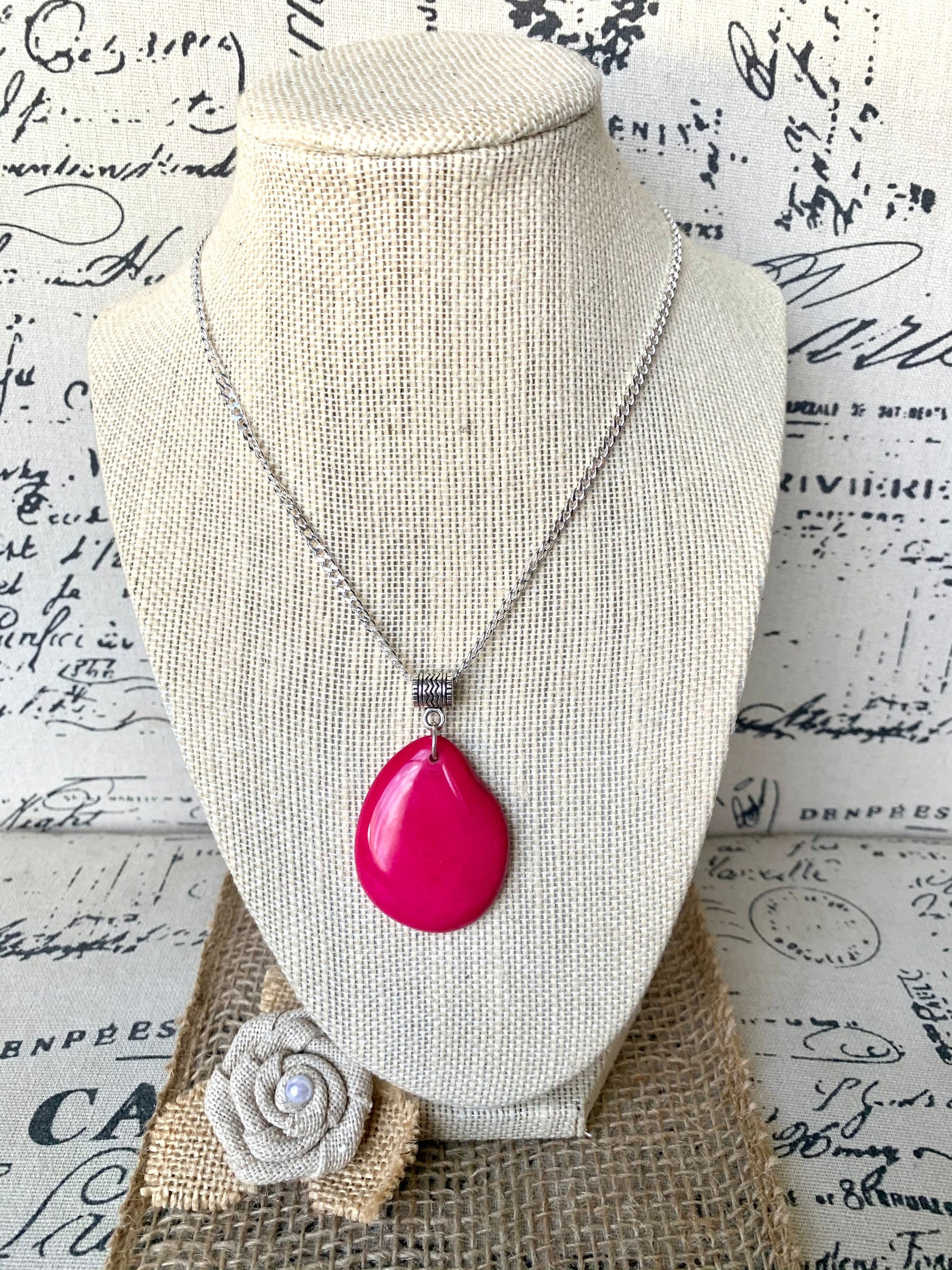 Hot Pink Tagua pendant Mother's day gifts under 10 Fashion jewelry Handmade beaded pendant NO chain Artisan handmade in Ecuador Spring style