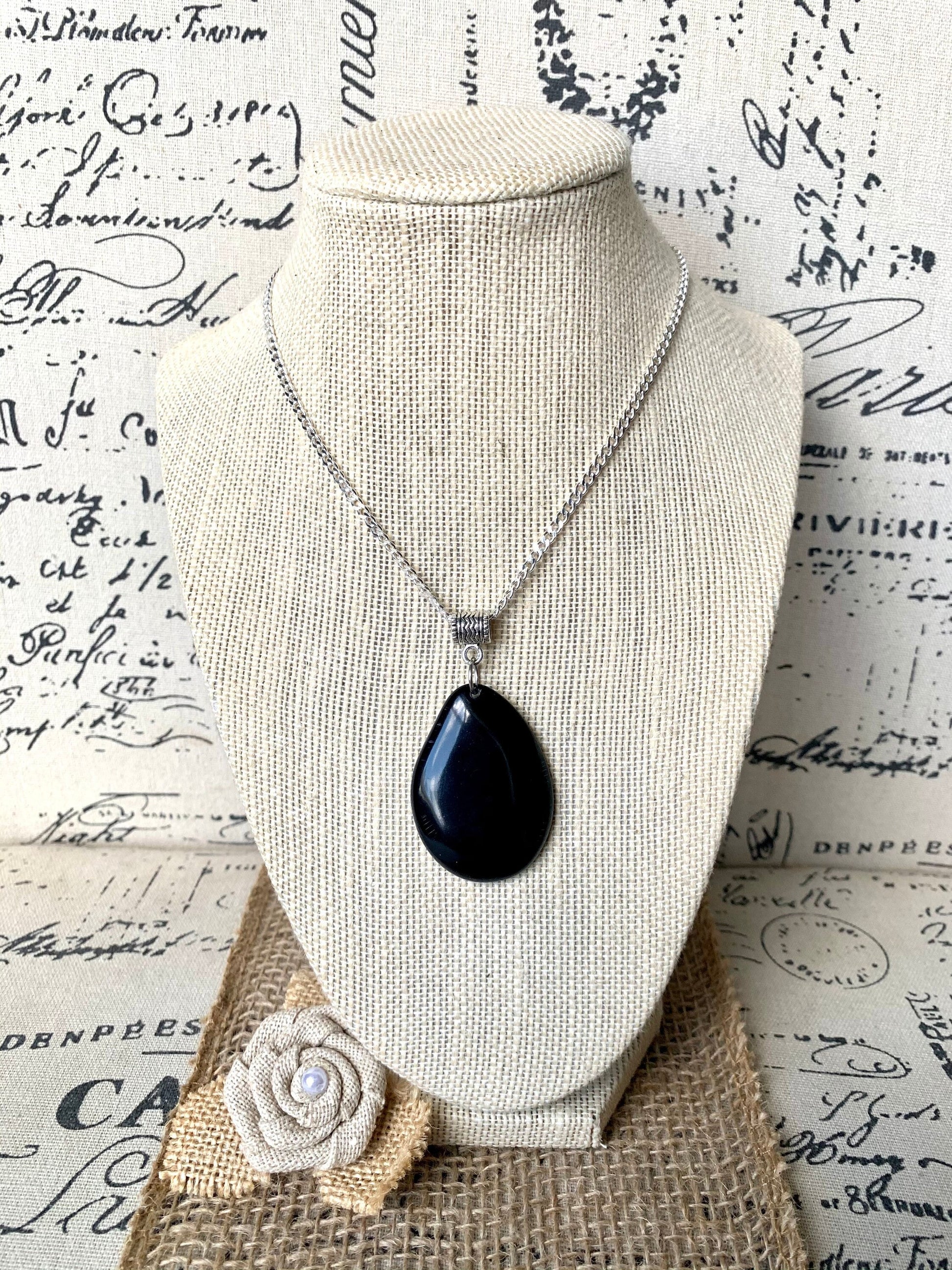 Black Tagua pendant Mother's day gifts under 10 for wife Fashion jewelry Handmade beaded pendant NO chain Boho style One of a kind Organic