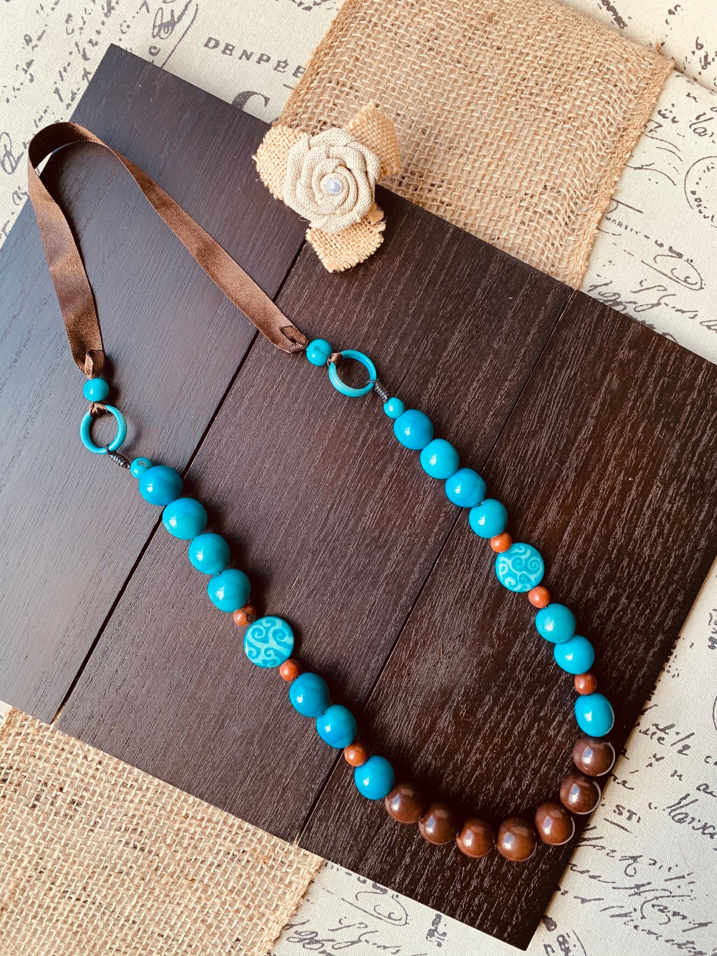 Turquoise blue and brown statement necklace with bubblegum beads Tagua necklace Big bold chunky necklace Spring fashion trends Mother's day
