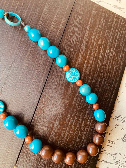 Turquoise blue and brown statement necklace with bubblegum beads Tagua necklace Big bold chunky necklace Spring fashion trends Mother's day
