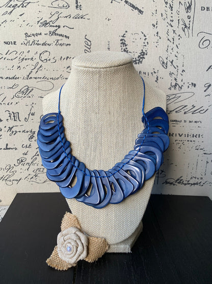 Royal blue Tagua necklace with adjustable cord Christmas gift ideas Chunky link necklace Beach trendy fashion Big bold statement bib