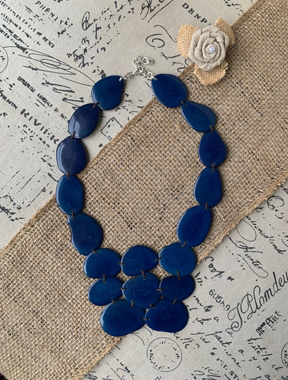 Navy blue beaded necklace Tagua nut jewelry Big bold chunky necklaces Huge statement bib necklace Beach style Winter fashion Gift ideas
