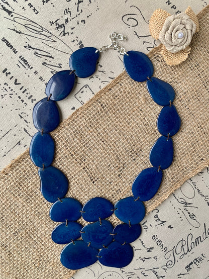 Navy blue beaded necklace Tagua nut jewelry Big bold chunky necklaces Huge statement bib necklace Beach style Winter fashion Gift ideas