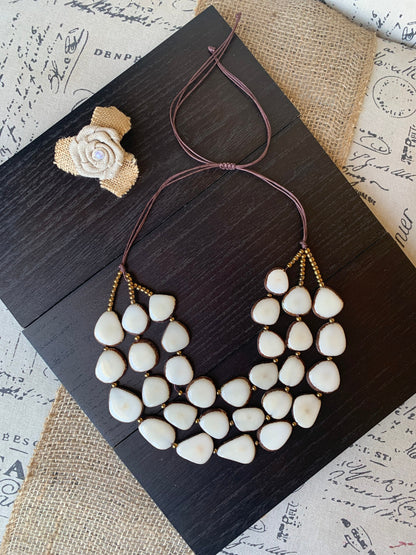 Ivory white fashion triple layer necklace Tagua jewelry 14 year wedding anniversary gift Big bold chunky necklace 3 strands adjustable