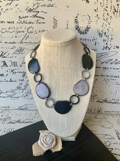 Black and gray Tagua necklace Statement lightweight jewelry Beach fashion trends Short fall necklace Made in Colombia Holidays fashion trend