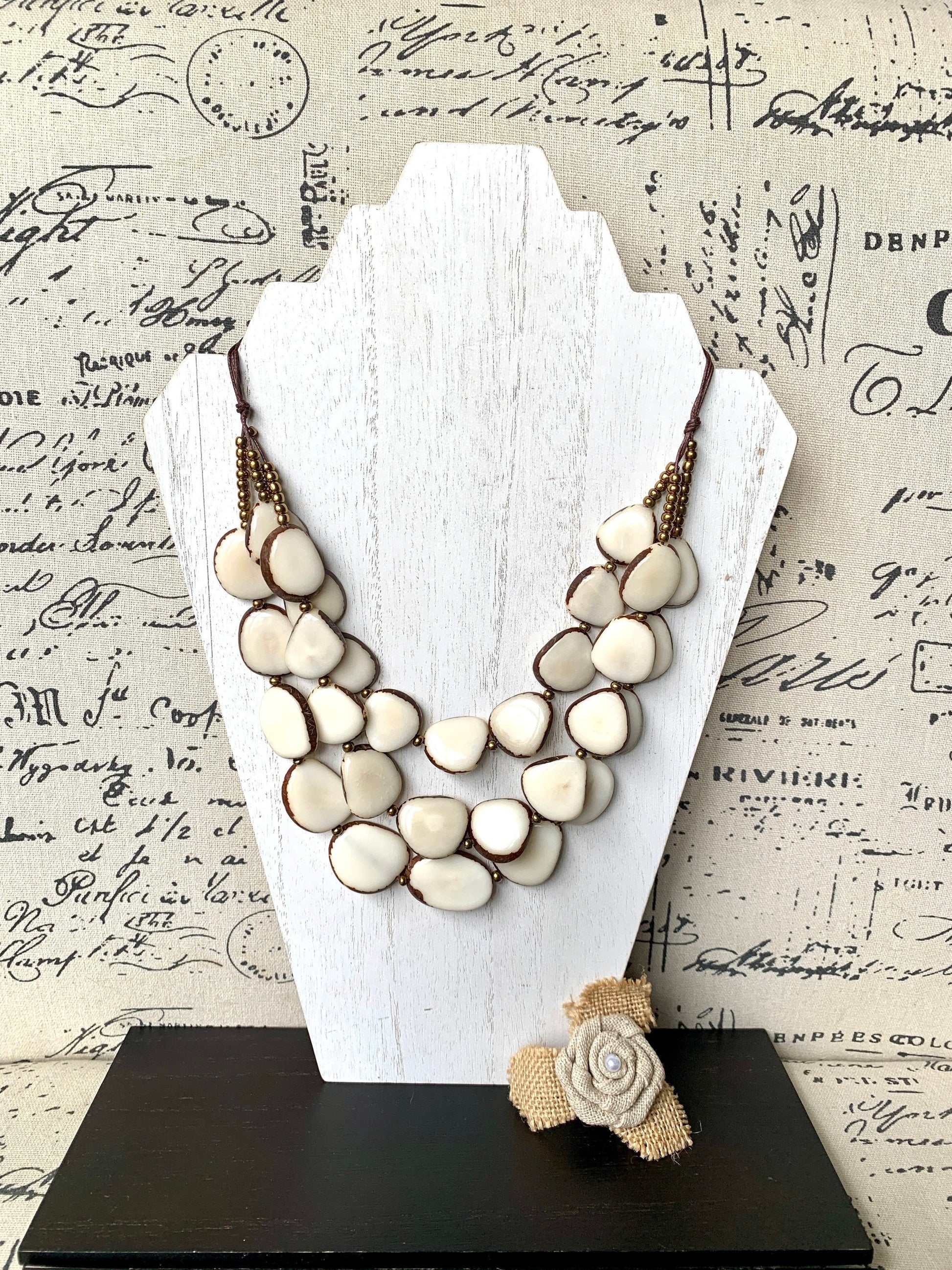 Ivory white fashion triple layer necklace Tagua jewelry 14 year wedding anniversary gift Big bold chunky necklace 3 strands adjustable