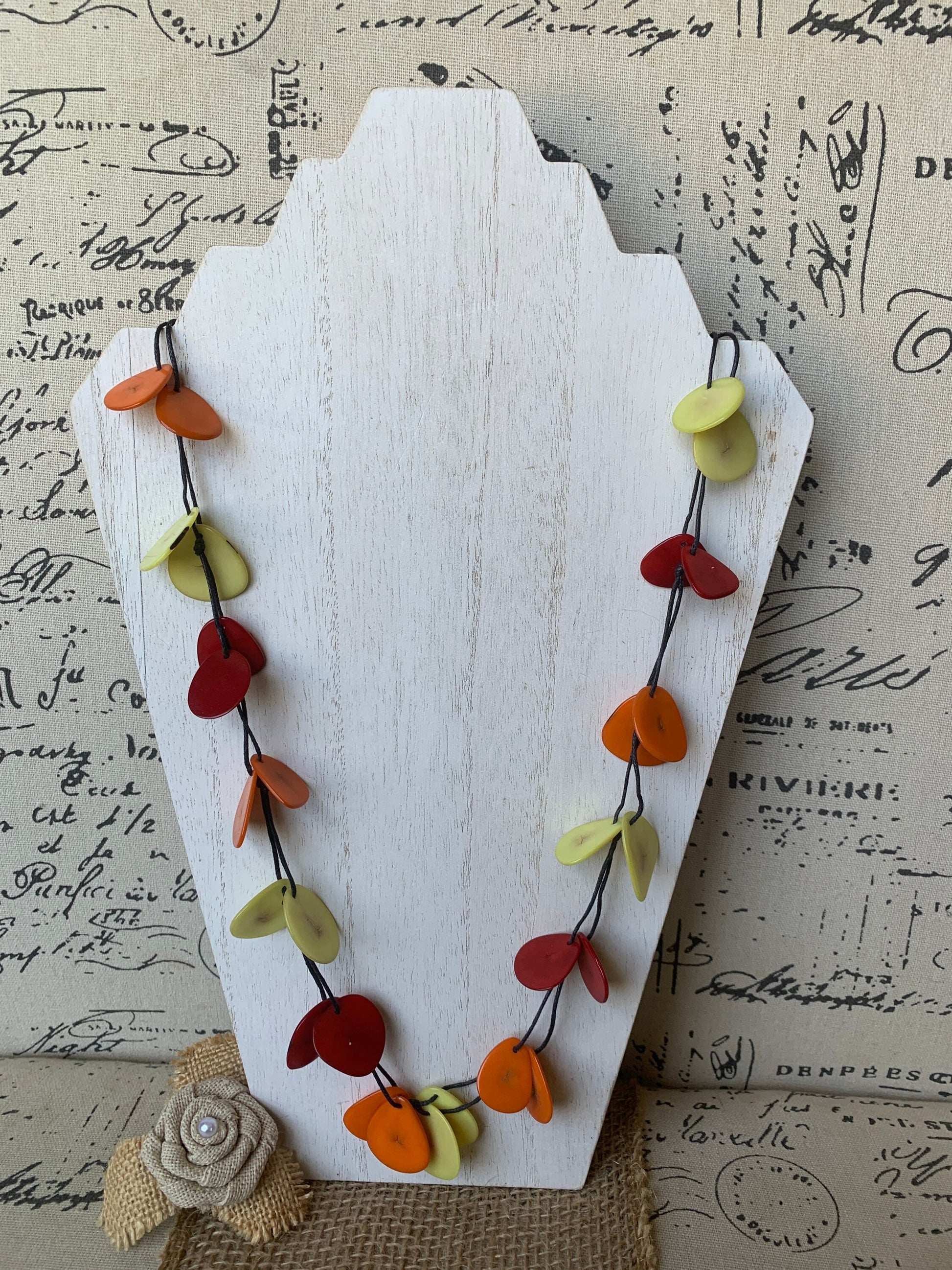 Red Orange Yellow adjustable Tagua necklace Lightweight fashion statement Fall trendy style Anniversary gifts Adjustable extra long collar
