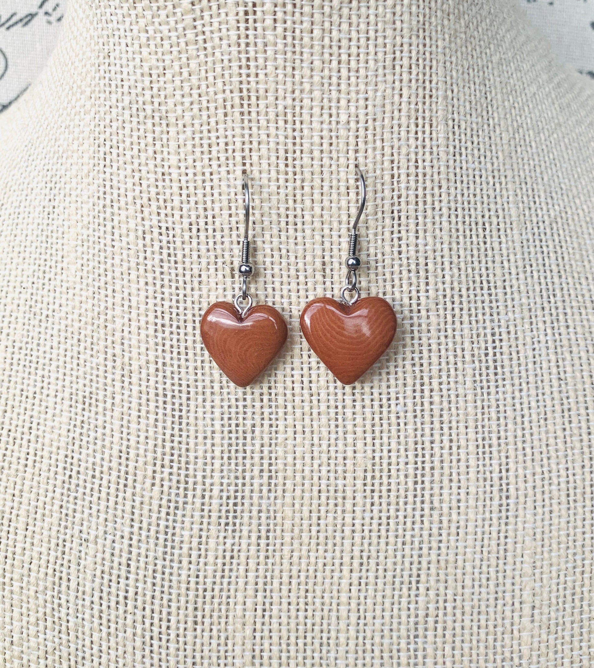 Brown dangle earrings Heart shape earrings Tagua nut jewelry Beach fashion trends Stocking stuffers Fall fashion style Artisan handmade