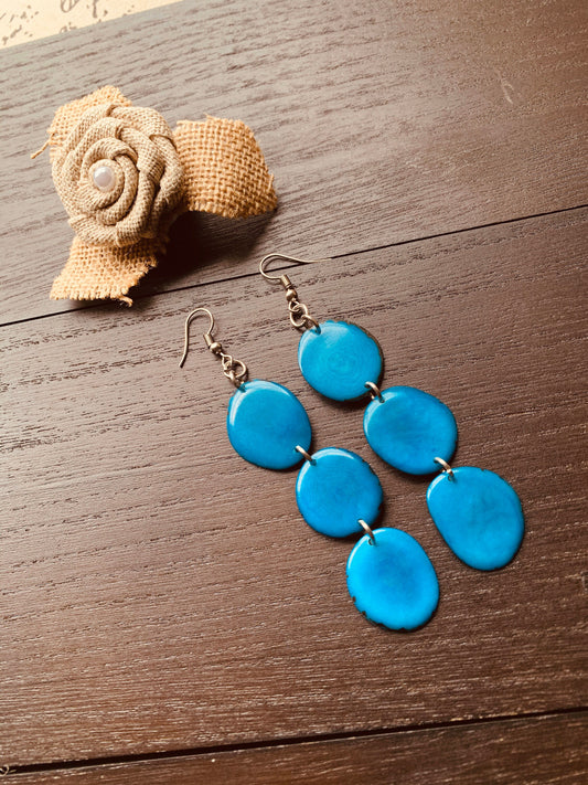Turquoise blue earrings dangle Extra long tagua earrings Beach fashion Statement drops Boho mod style Artisan handmade Mother’s Day gifts