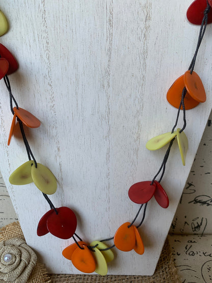 Red Orange Yellow adjustable Tagua necklace Lightweight fashion statement Fall trendy style Anniversary gifts Adjustable extra long collar