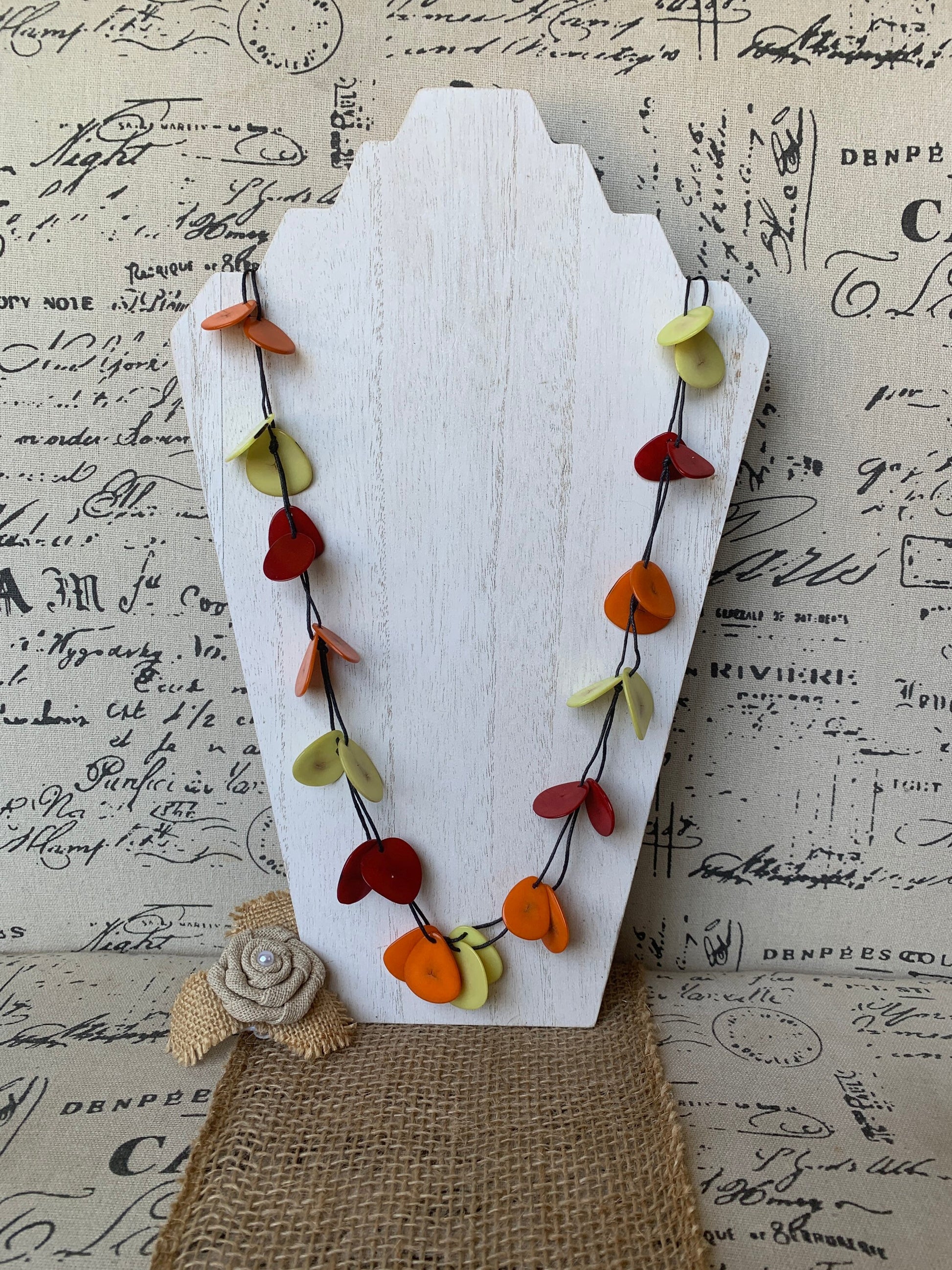 Red Orange Yellow adjustable Tagua necklace Lightweight fashion statement Fall trendy style Anniversary gifts Adjustable extra long collar