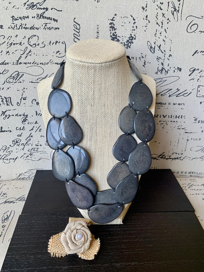 Dark gray statement necklace Tagua nut jewelry Fall fashion Big bold chunky necklace Anniversary gifts for wife Multi layer leather collar