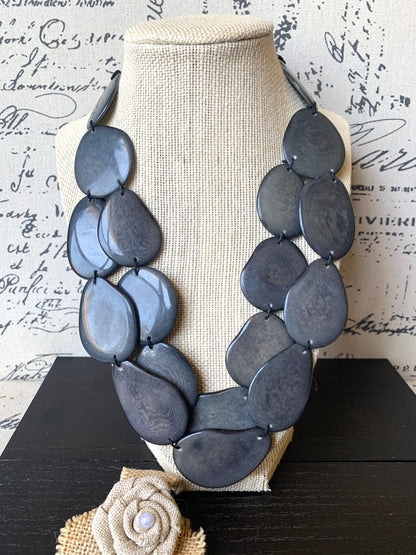 Dark gray statement necklace Tagua nut jewelry Fall fashion Big bold chunky necklace Anniversary gifts for wife Multi layer leather collar