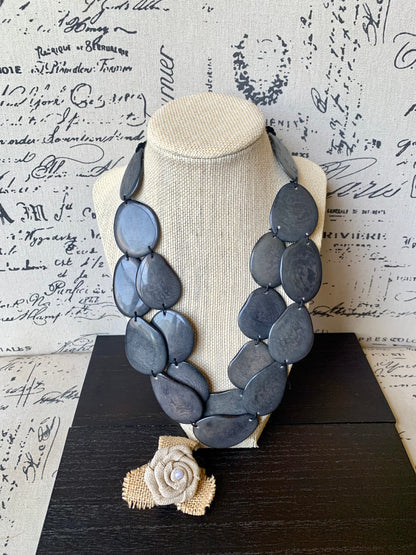 Dark gray statement necklace Tagua nut jewelry Fall fashion Big bold chunky necklace Anniversary gifts for wife Multi layer leather collar