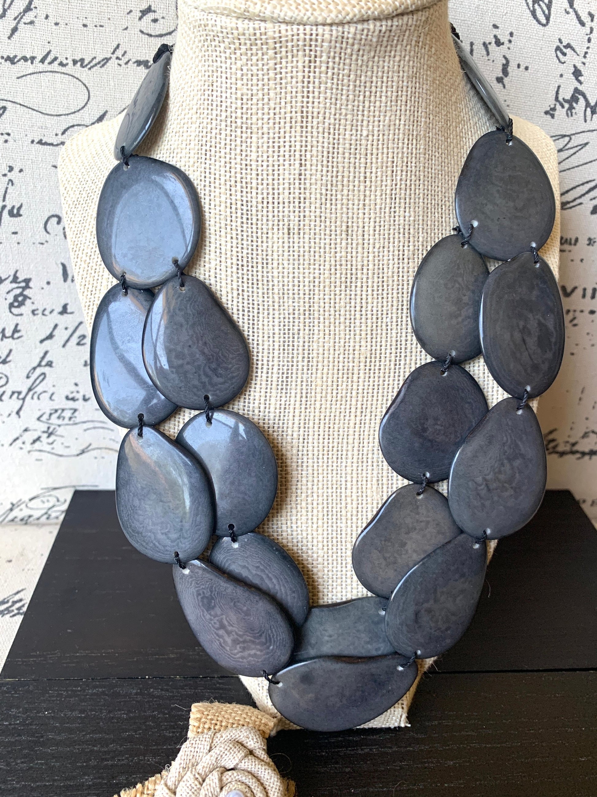 Dark gray statement necklace Tagua nut jewelry Fall fashion Big bold chunky necklace Anniversary gifts for wife Multi layer leather collar